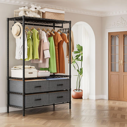 FTEYUET Clothes Rail Heavy Duty for Hanging Clothes with 4 Fabric Drawers