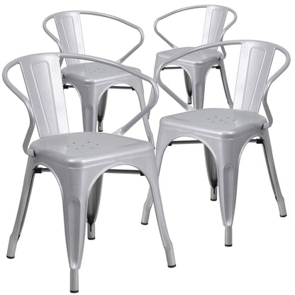 Flash Furniture Roy Commercial Grade 4 Pack Silver Metal Indoor-Outdoor Chair with Arms