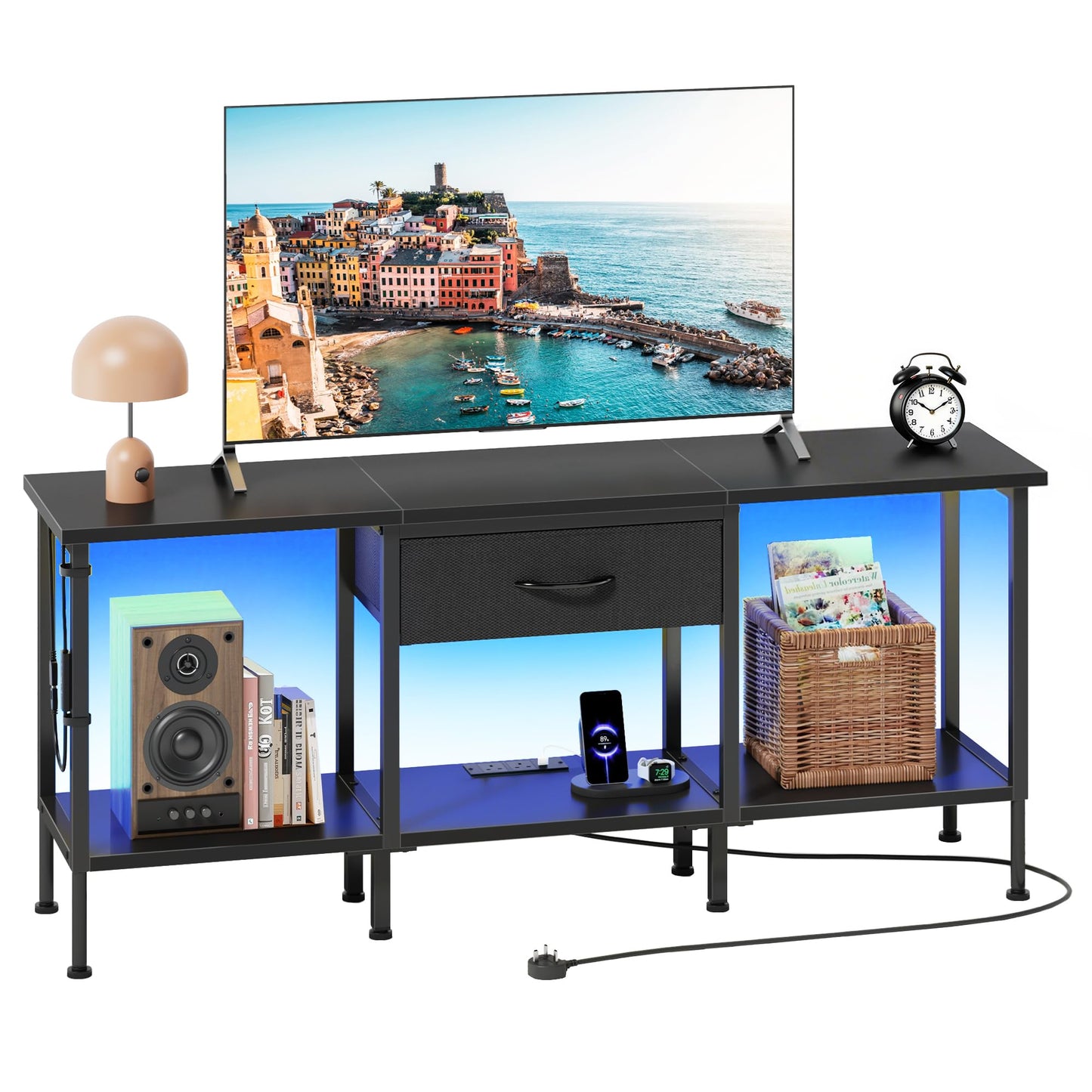 OYRREU TV Stand Cabinet LED for 55 50 Inch, TV Unit with Socket, USB Slots