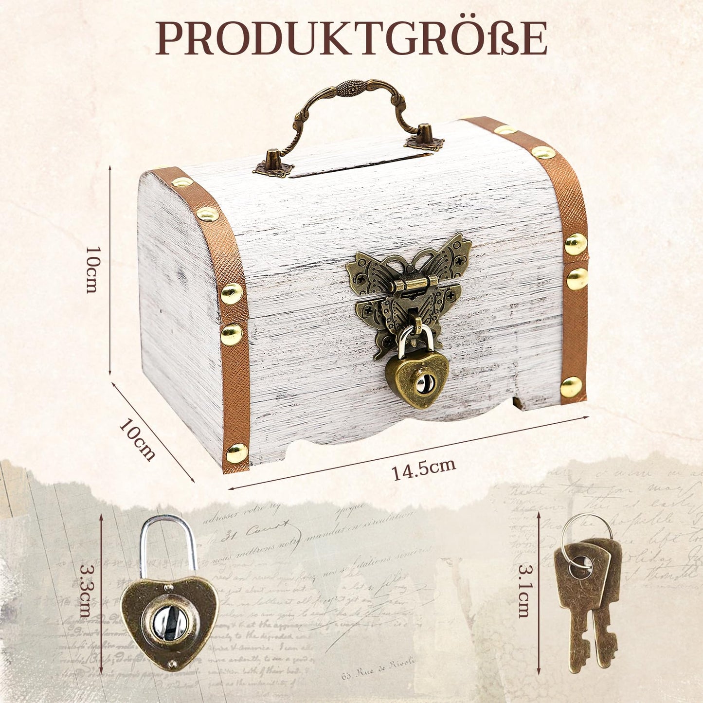 Forbabe Treasure Chest Wooden White Small Money Box with Lock 14.5 x 10.5 x 10.3 cm