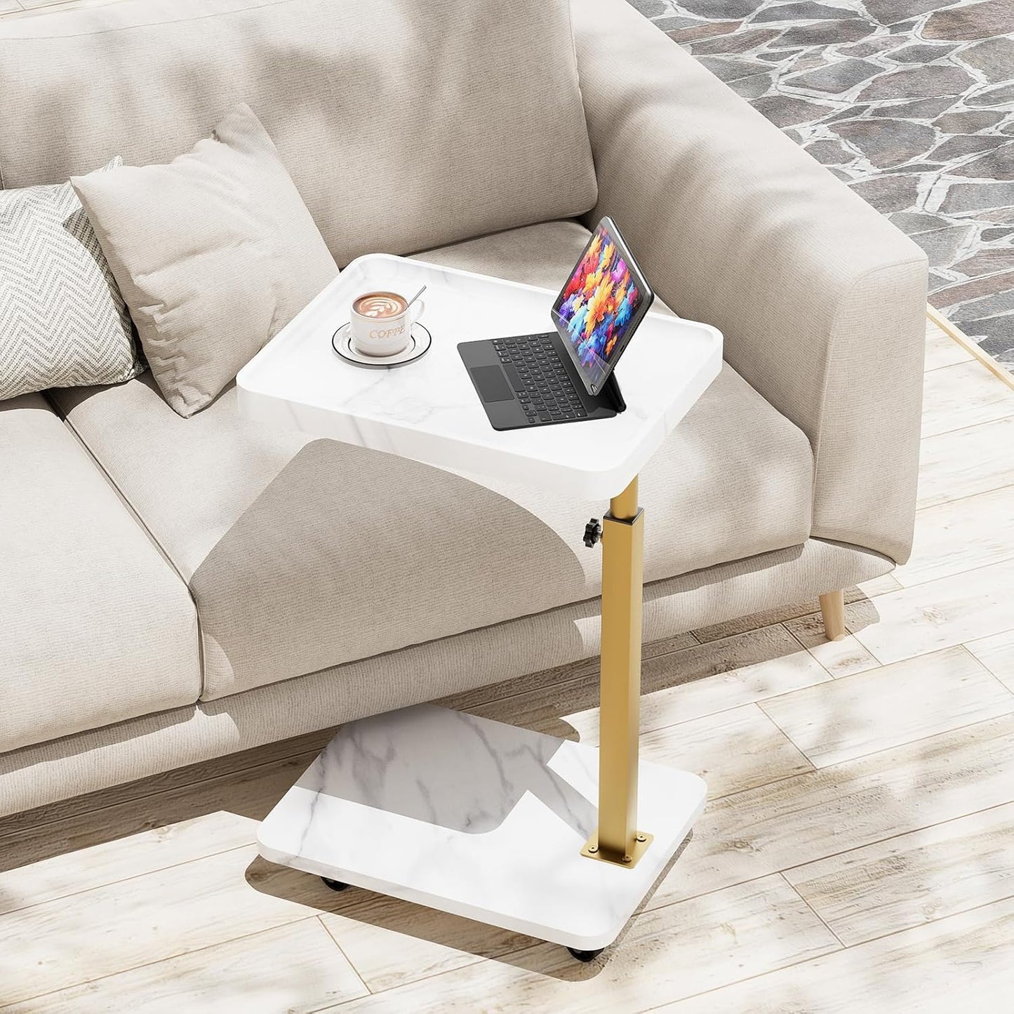 C-Shaped Side Table, Height Adjustable Sofa Table, 360° Swivel Tray Table