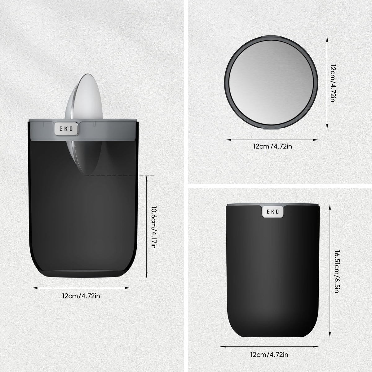 EKO Mini Desk Trash Can with Swing-Top Lid 0.4 Gallon Small Table Round Wastebasket for Office, Home, Car Black
