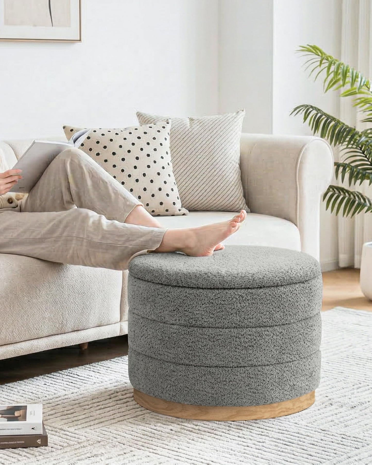 Bonlife Round Chenille Storage Ottoman, Folding Footstool with Table Top, 58x58x44cm, Load Capacity 150kg, for Living Room Bedroom Hallway