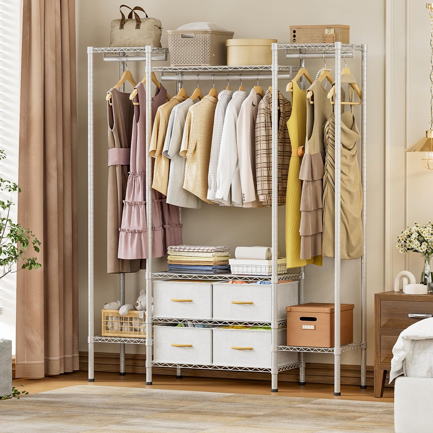 Himimi Heavy Duty Clothes Rail with 4 Fabric Drawers, 8 Adjustable Storage Shelves & 3 Hanging Rods, Freestanding Strong Garment Rack