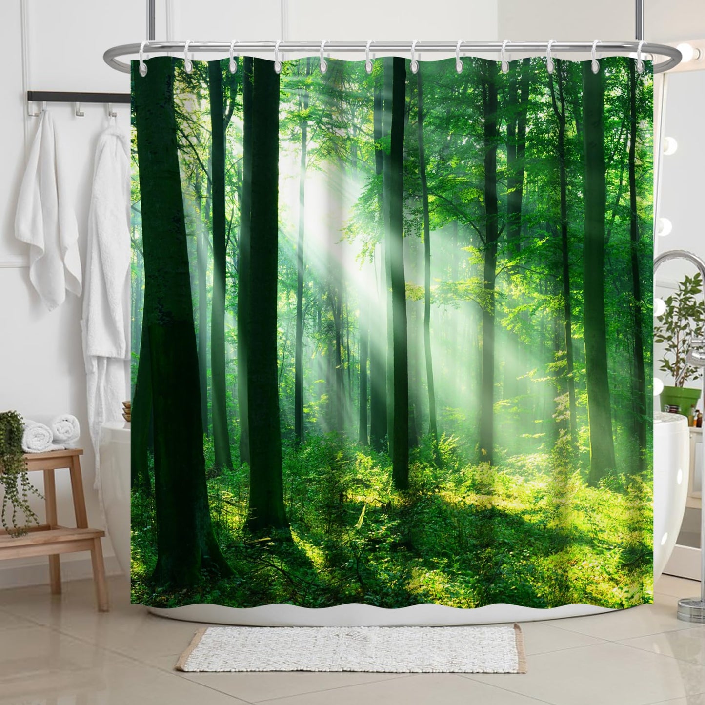 Bovlleetd 60x72inch Morning Forest Sunlight Bathroom Curtain 3D Printing Forest Scenery Natural Shower Curtain Green Woodland Waterproof Bath Curtain