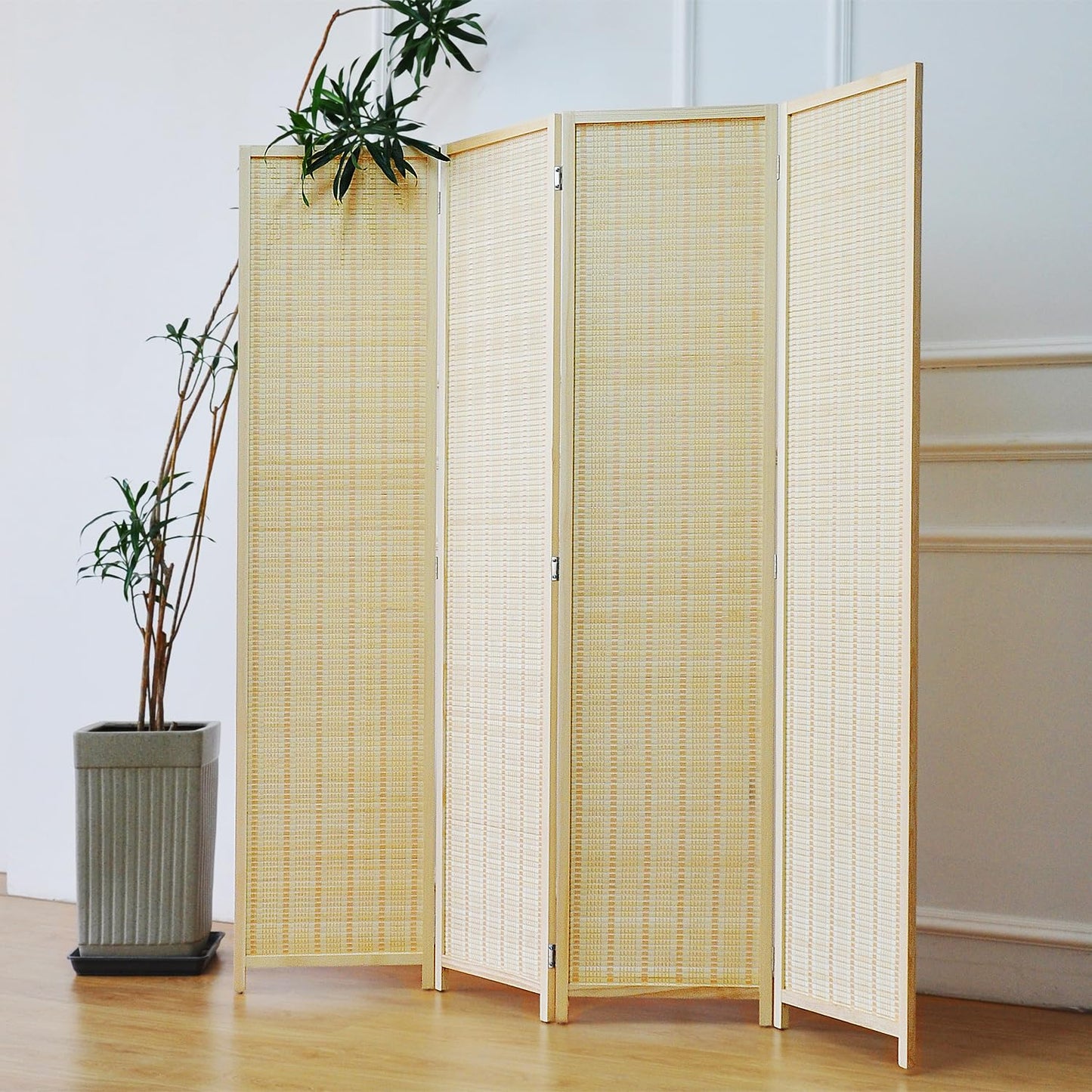 Furnnylane 4 Panel Bamboo Room Divider and Folding Panel Screen,Bamboo Panel Divider for Room Separation,Beige,170 cm H x 156 cm W