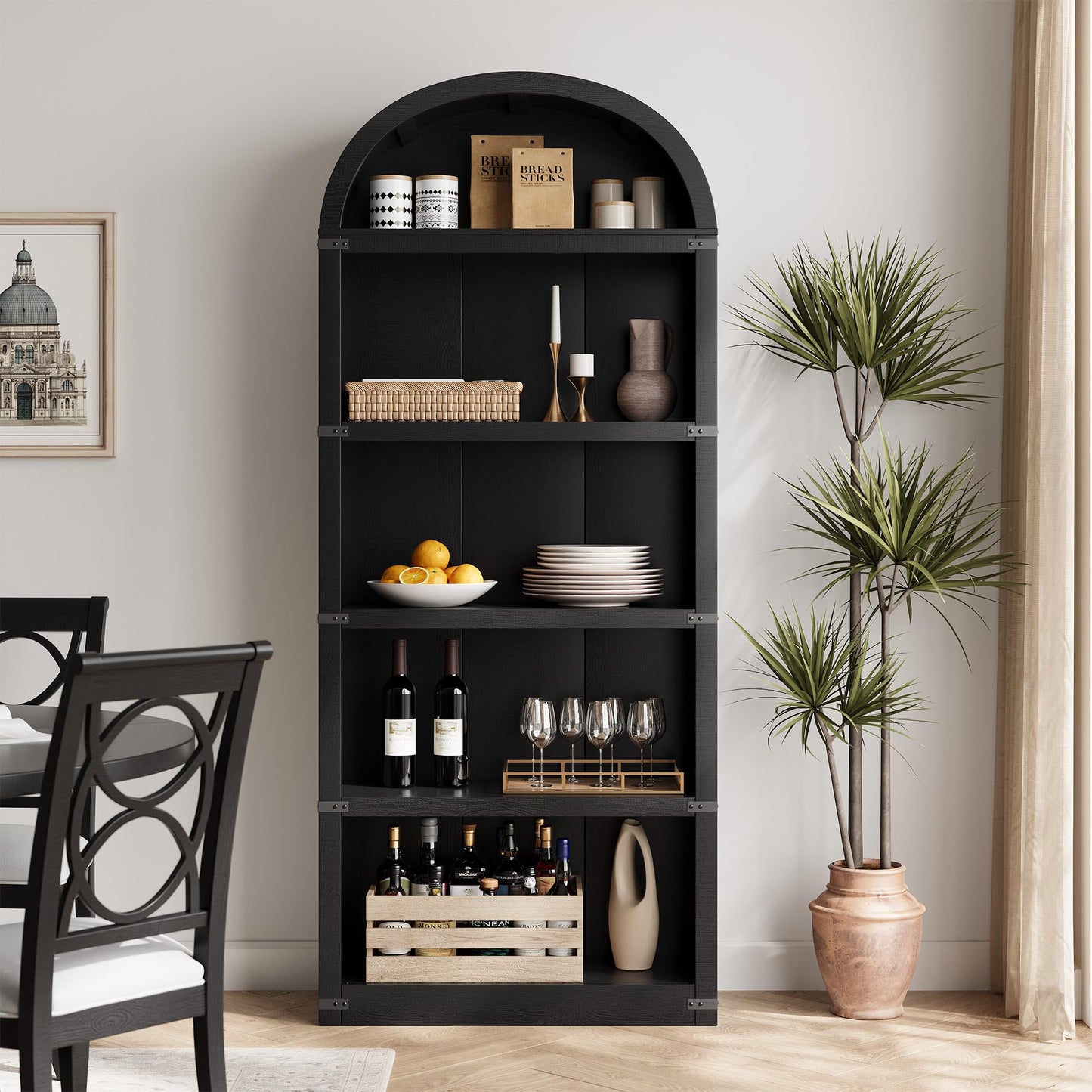 Lidzopas Arched 5-Tier Wooden Bookcase Cabinet with Doors for Office, Living Room, Bedroom, 71.65in Tall Farmhouse Bookshelf, Display & Storage Rack