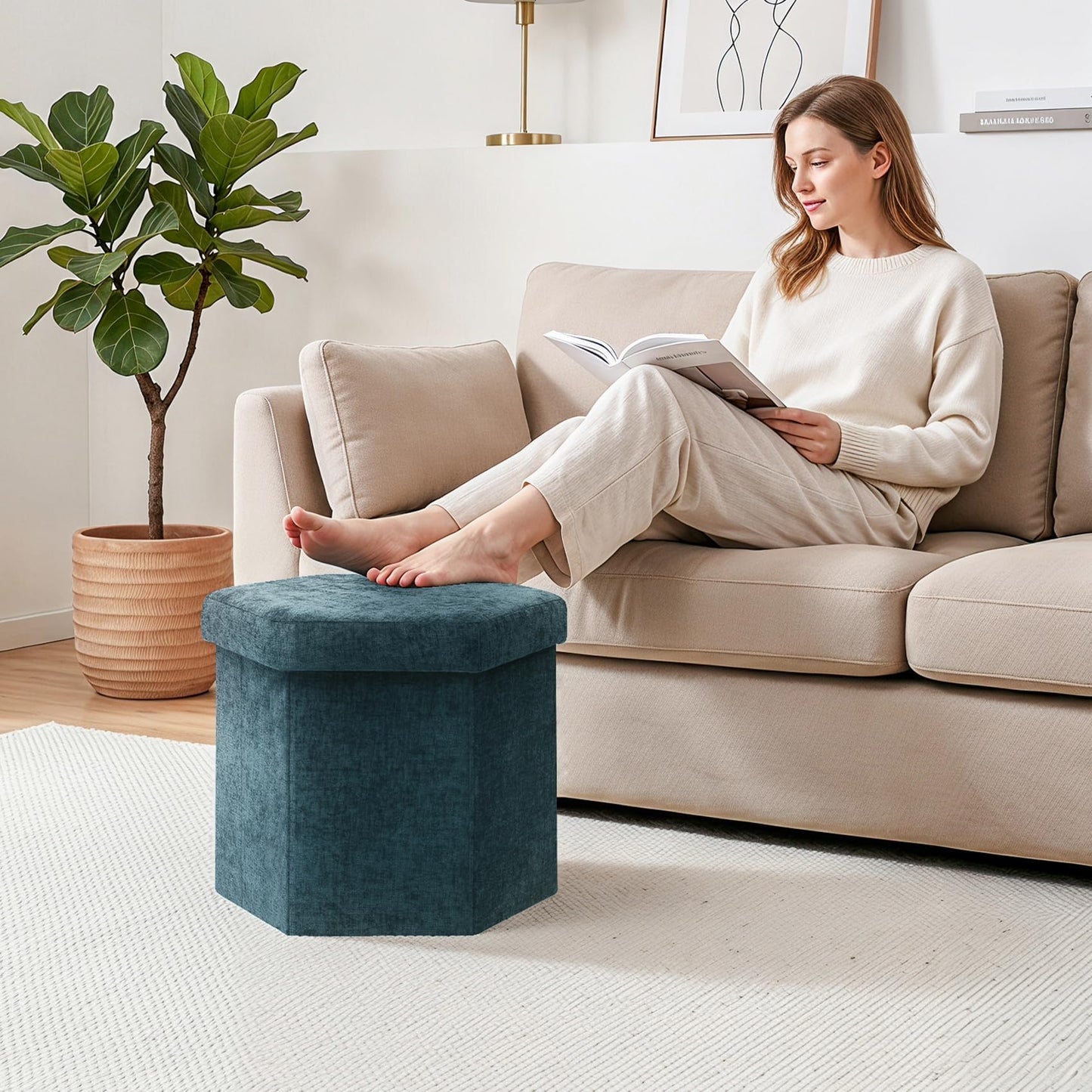 PINPLUS Chenille Ottoman Storage Box, Hexagonal Folding Stool, Blue