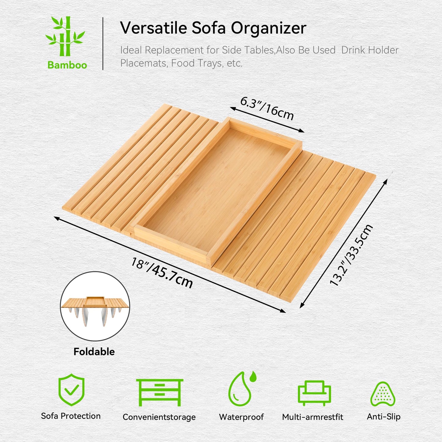 GEHE Bamboo Sofa Arm Tray, Foldable Couch Arm Tray Side Table, Anti-Falling Armrest Tables Cup Holder for Snacks, Drinks, Beers, Phone, Control