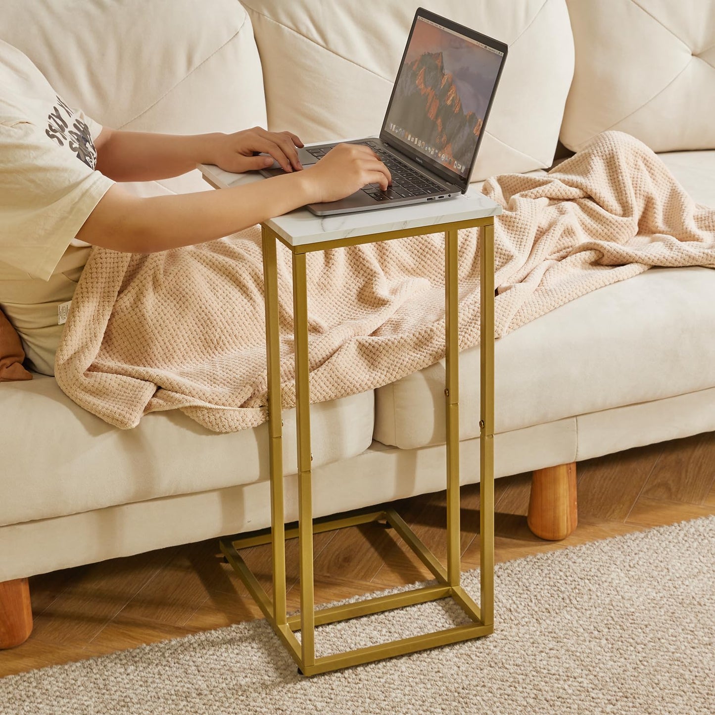 Aibiju Set of 2 C-Shaped Side Table, End Table, Sofa Side Table with Non-Slip Foot Pads for Bedroom, Living Room, Office, White Faux Marble and Gold