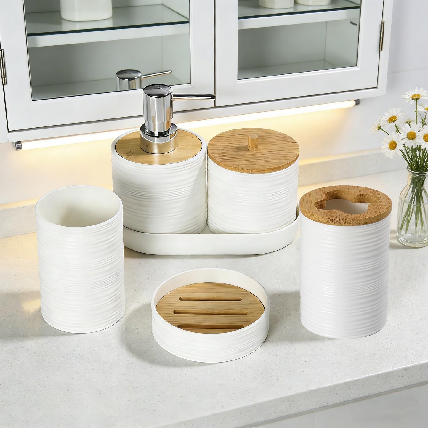 JETAINE Bathroom Accessories Set 8 Pieces, Bamboo Bathroom set Accessory, Luxury Toilet Accessories set w/Trash Can, Toilet Brush, Soap Dispenser