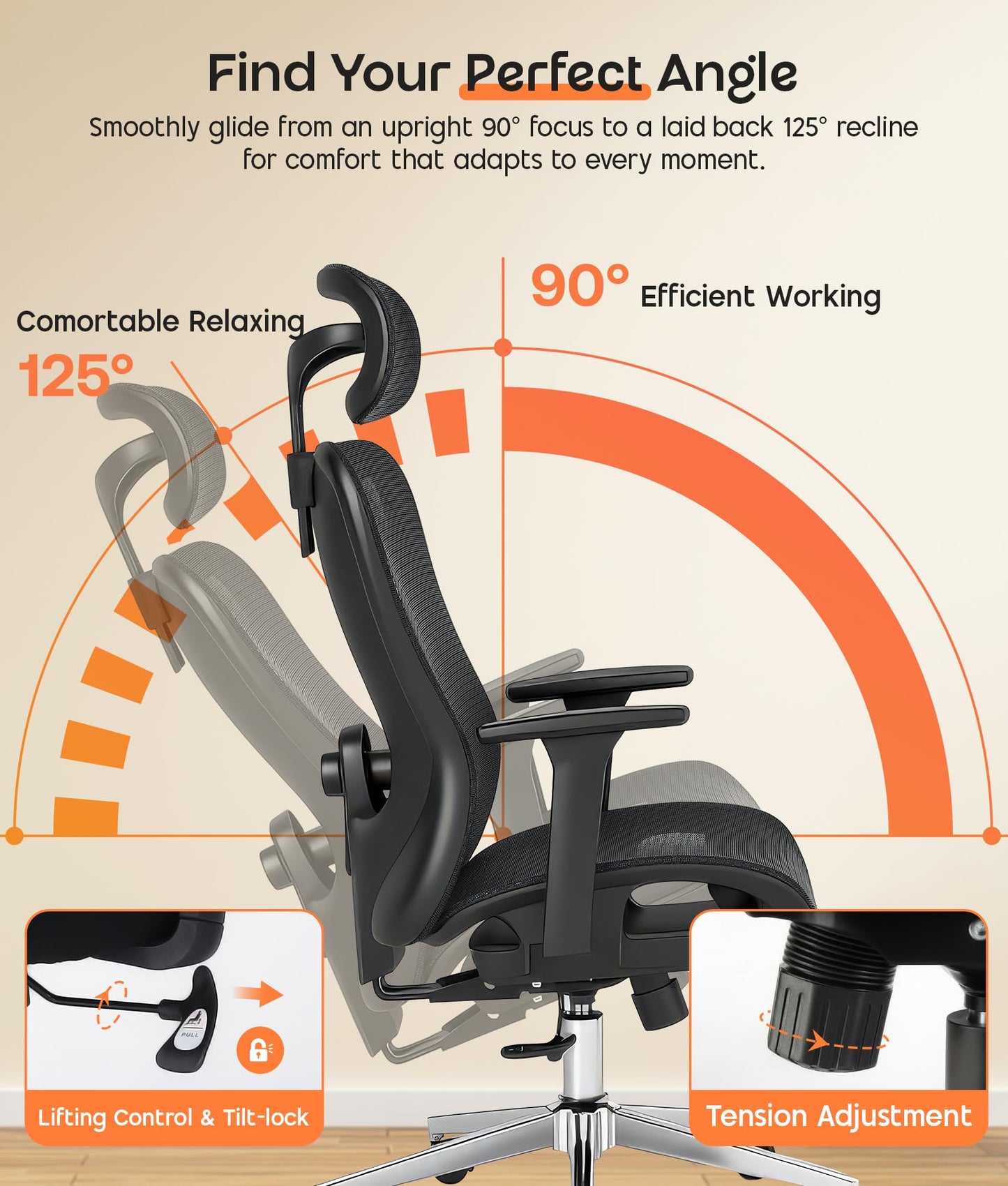 ADOV Office Chair with Headrest, Ergonomic 3D Armrest, Lumbar Support, 125° Rocking Swivel Computer Chair, High Back Mesh Reclining Desk Chair