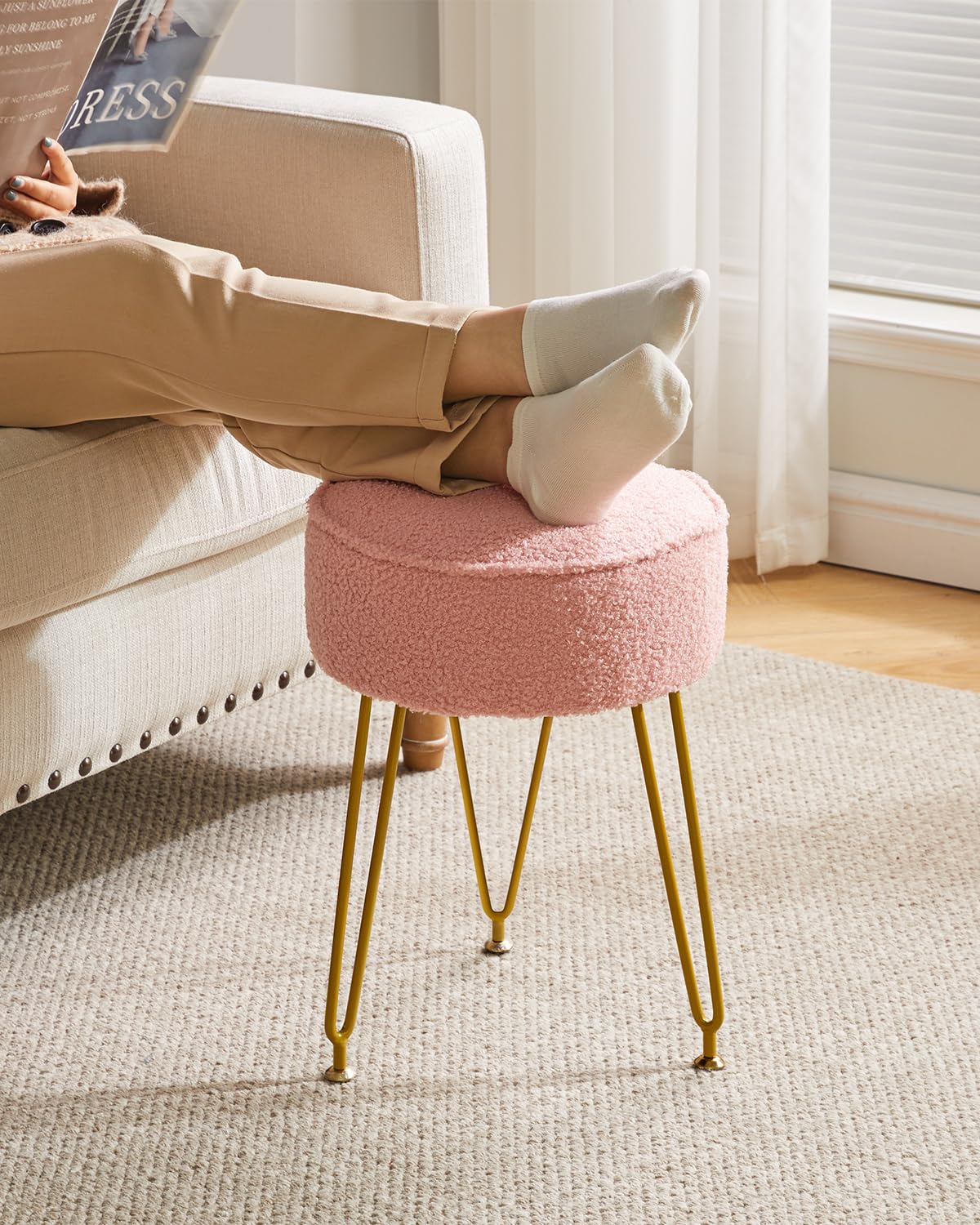 IBUYKE Makeup Vanity Stool Chair, Teddy Velvet Footrest, Pink WBD009P