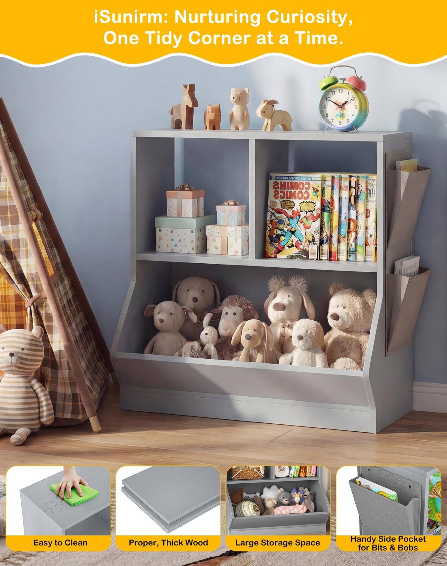 iSunirm Kids Bookshelf with Toy Storage, 70cm Grey Wooden Children’s Bookcase, Floor Book Shelf and Toy Organiser with Side Pocket and Anti-Tip Kit