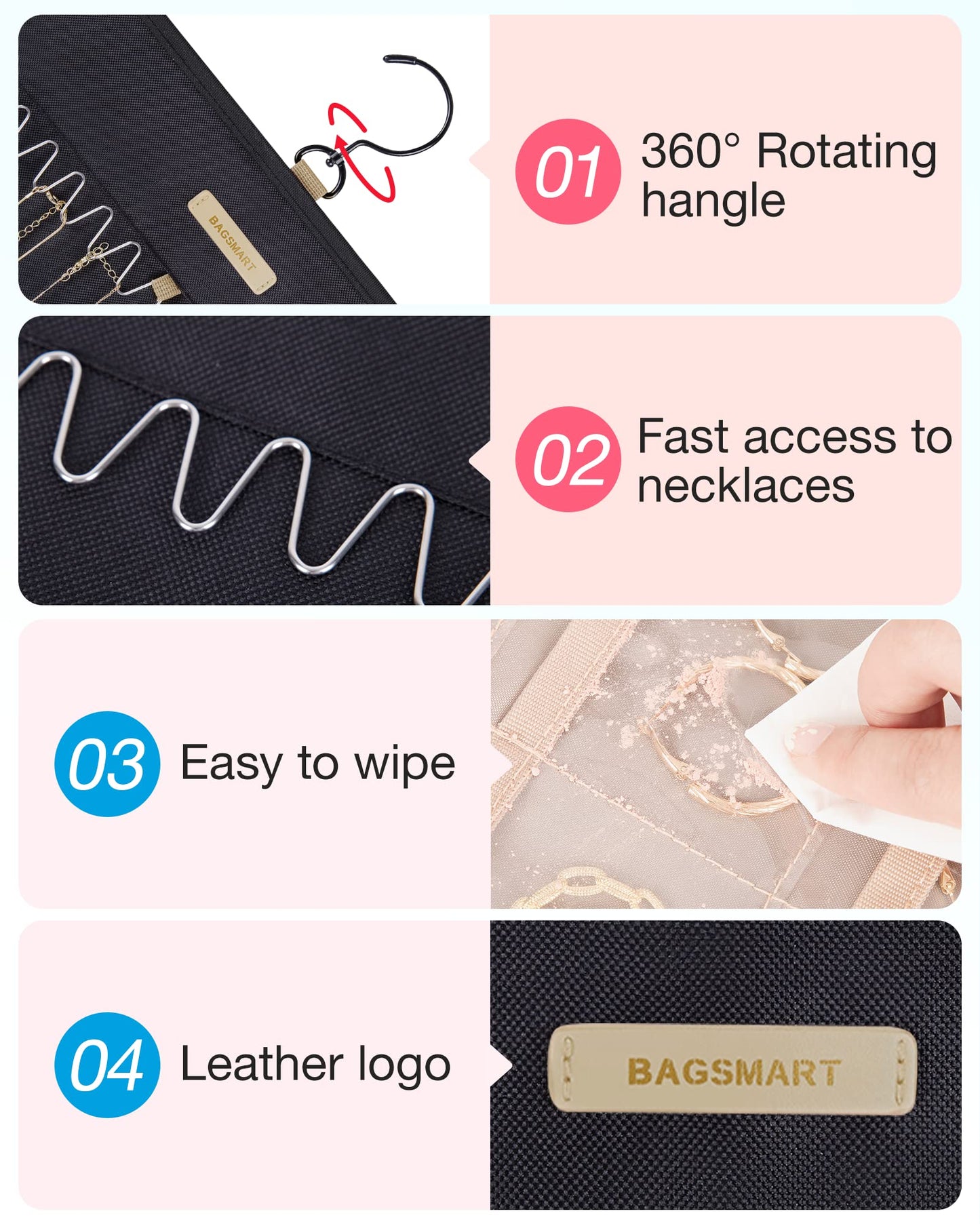 bagsmart Dual-sided Jewelry Organizer Hanging with Metal Hooks,32 Pockets and 3 Wave-Shaped Hooks,Jewelry Roll for Earrings,Necklaces,Rings on