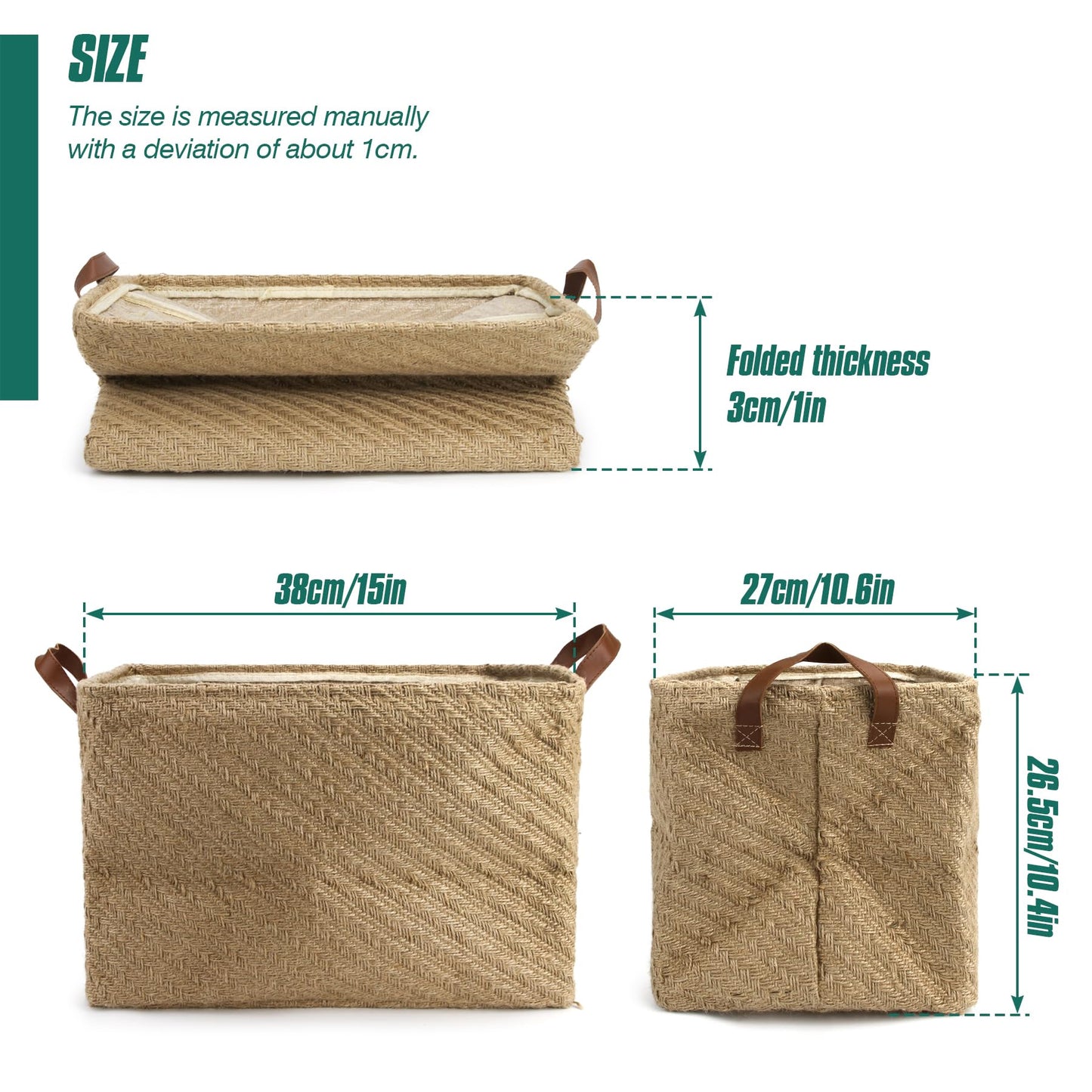 Spesh Jute Storage Basket with Handles, 38 * 27 * 28cm Collapsible Natural Woven Organiser Box Square Jute Storage Bin for Shelves Bathroom