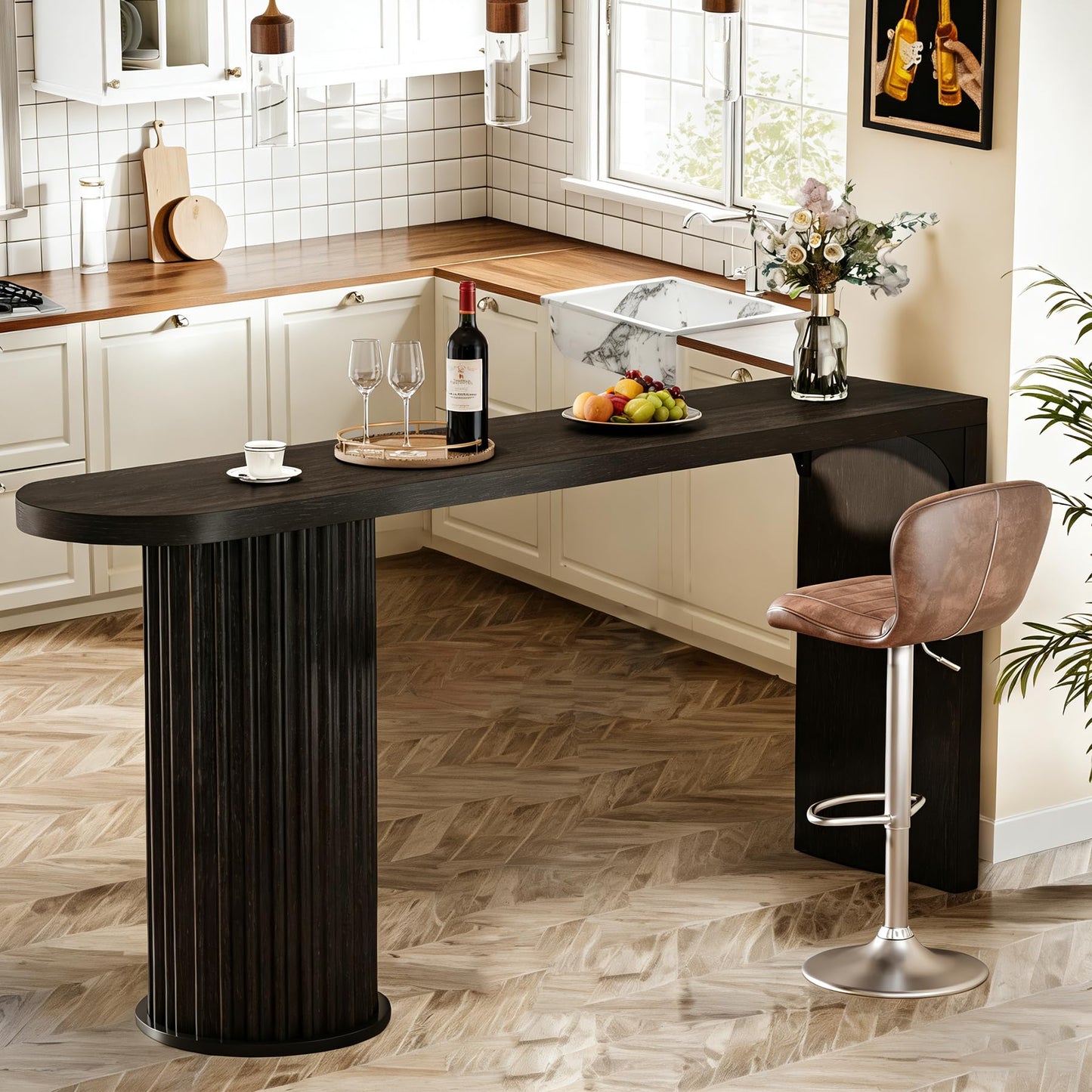 Tribesigns Bar Table, 63-Inch Modern Counter Height Pub Table with Fluted Round Base, Narrow Long High Top Table