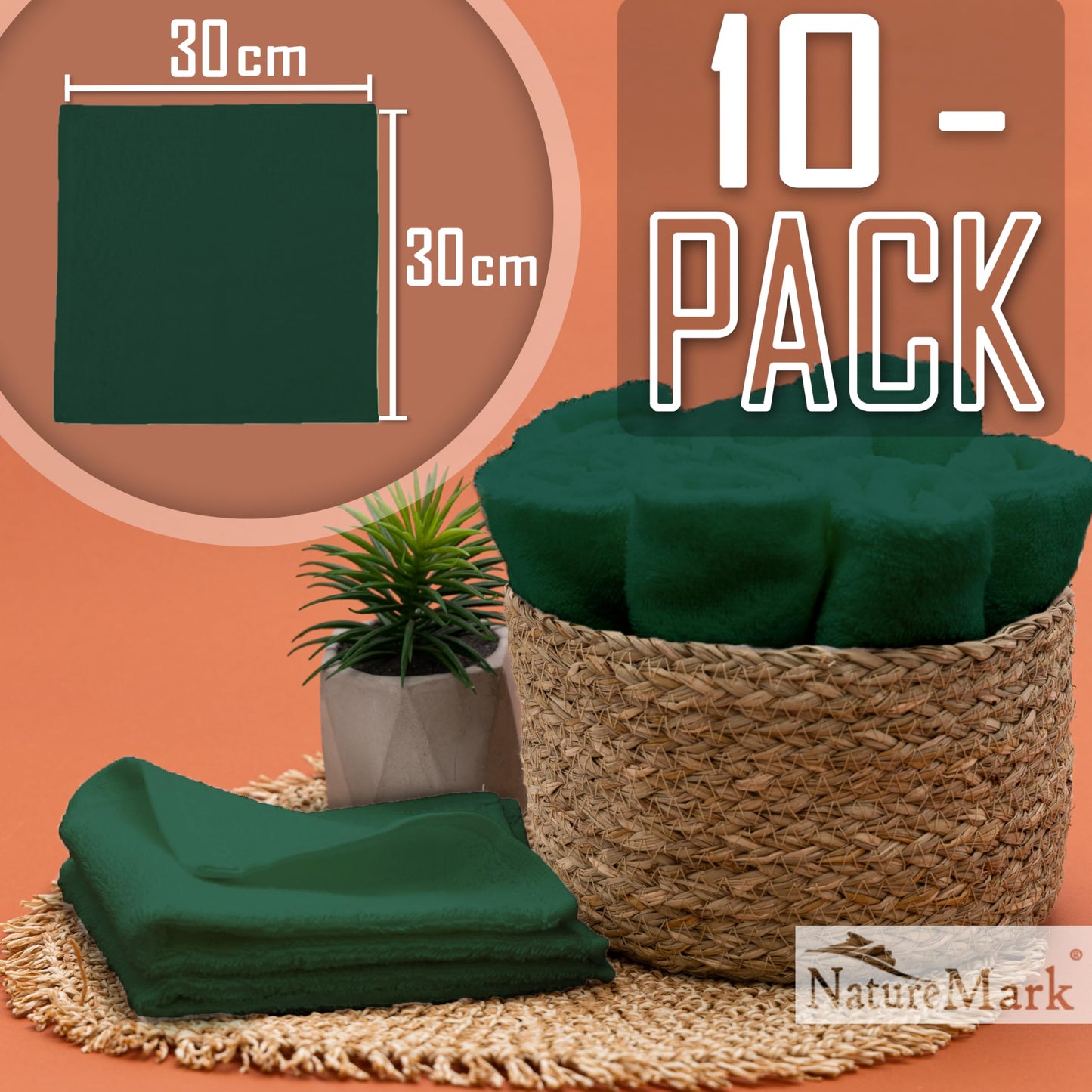 NatureMark Set of 10 Washcloths Made of 100% Cotton - Soft and Absorbent Face and Hand Towels - Practical for Bathroom and Kitchen - 30 x 30 cm