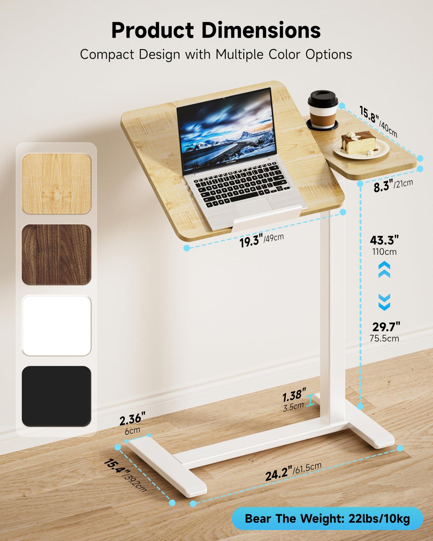 BZIUM Overbed Bedside Table with Hidden Wheels, Adjustable Medical Tilt Top Hospital Bed Table Over The Bed, Rolling Desk Mobile Standing Desk