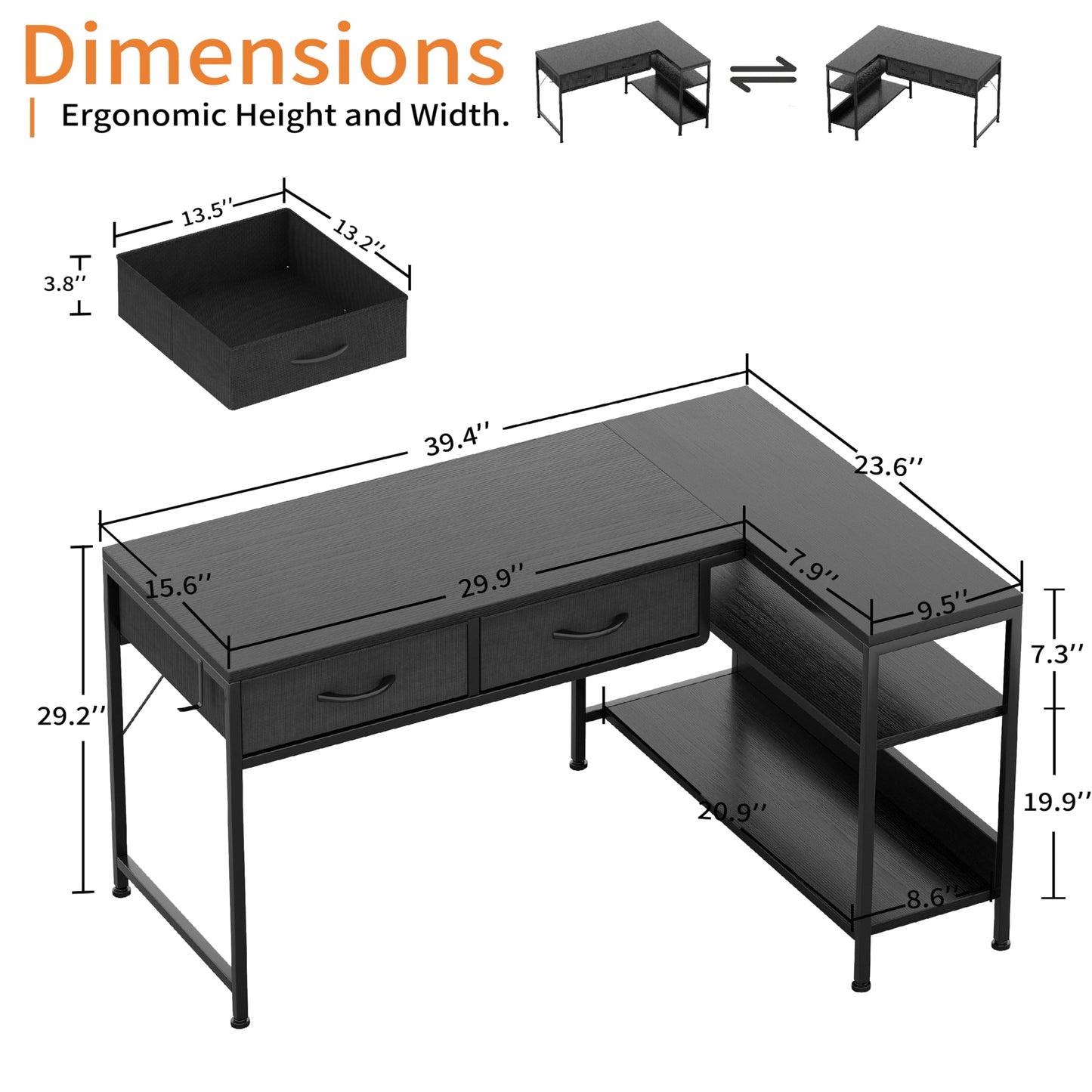 CAIYUN L Shaped Computer Desk with 2 Drawers, 100CM Office Corner Desk with 2 Storage Shelves, Working Table Study Table for Home Office Desk, Black