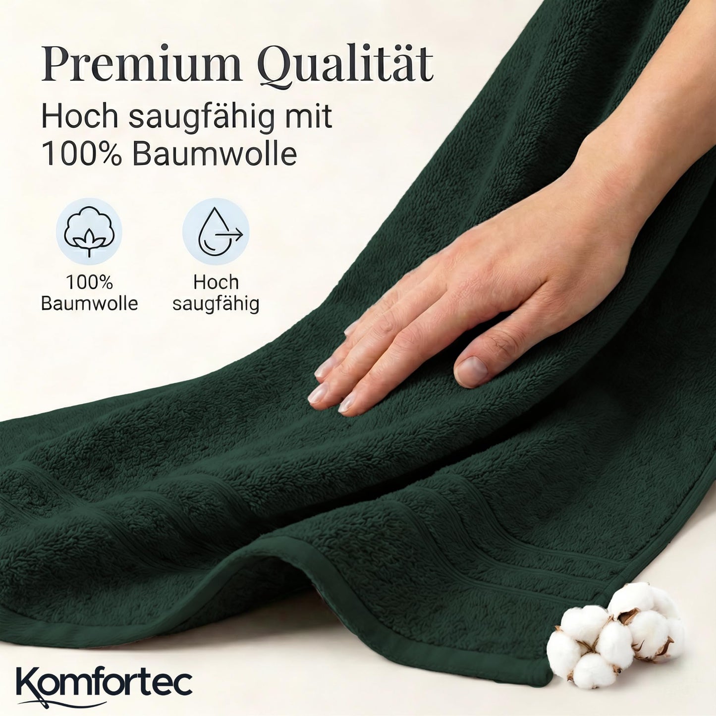 Komfortec Jumbo Bath Towels, 100% Cotton, Quick Dry, 80x200, Dark Green