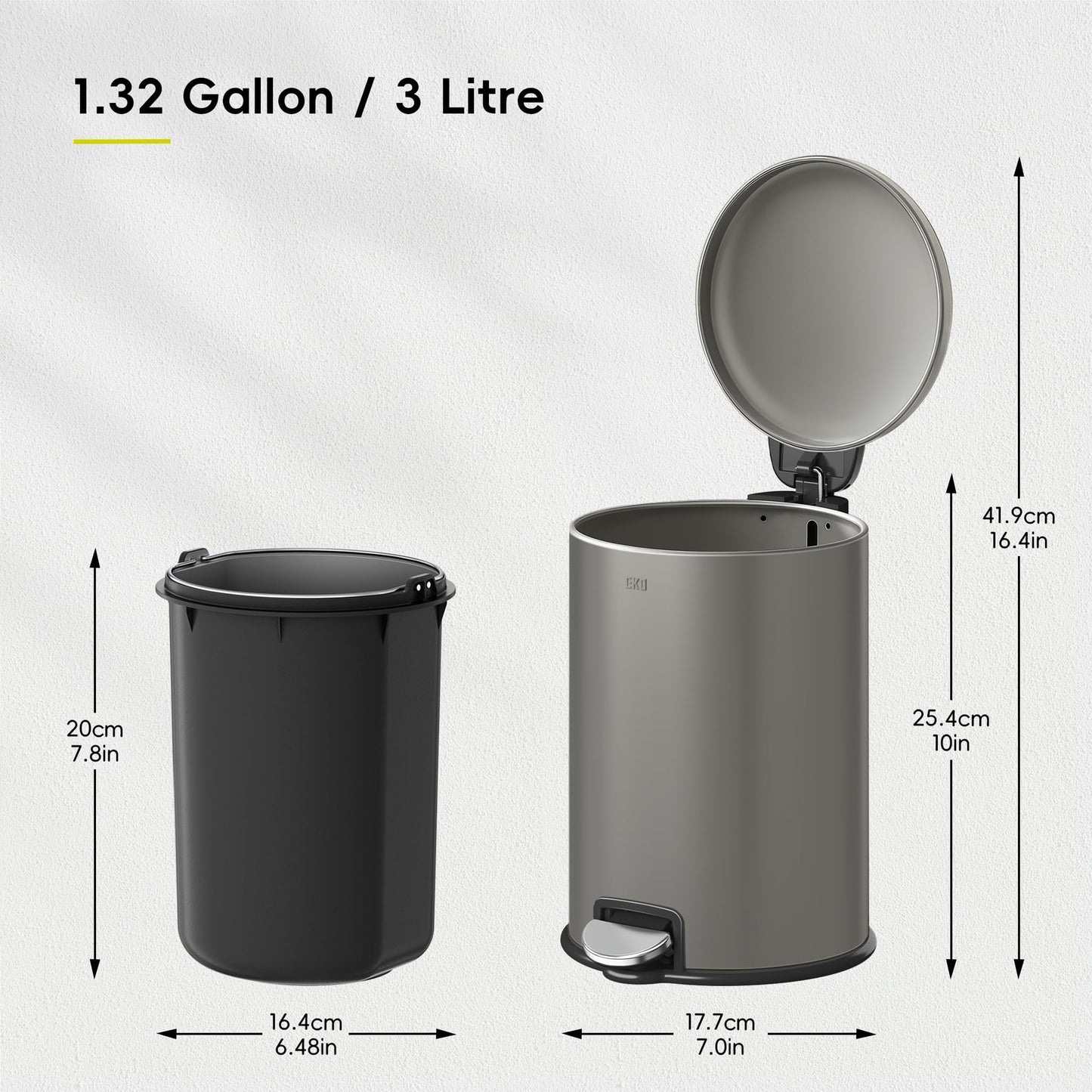 EKO Serene Step Bin, 3L Round Small Trash Can with Removable Inner Liner for Bedroom & Bathroom, Pedal Bin for Rubbish and Waste, Titanium Grey