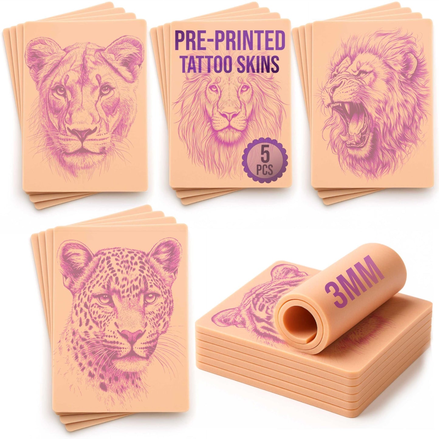 Stencil Skins Pre Printed Tattoo Stencils Skin for Practice Set of 5 Feline Designs, 3mm Silicone Fake Skin Tattoo Second Skin, Practice Shading, Line