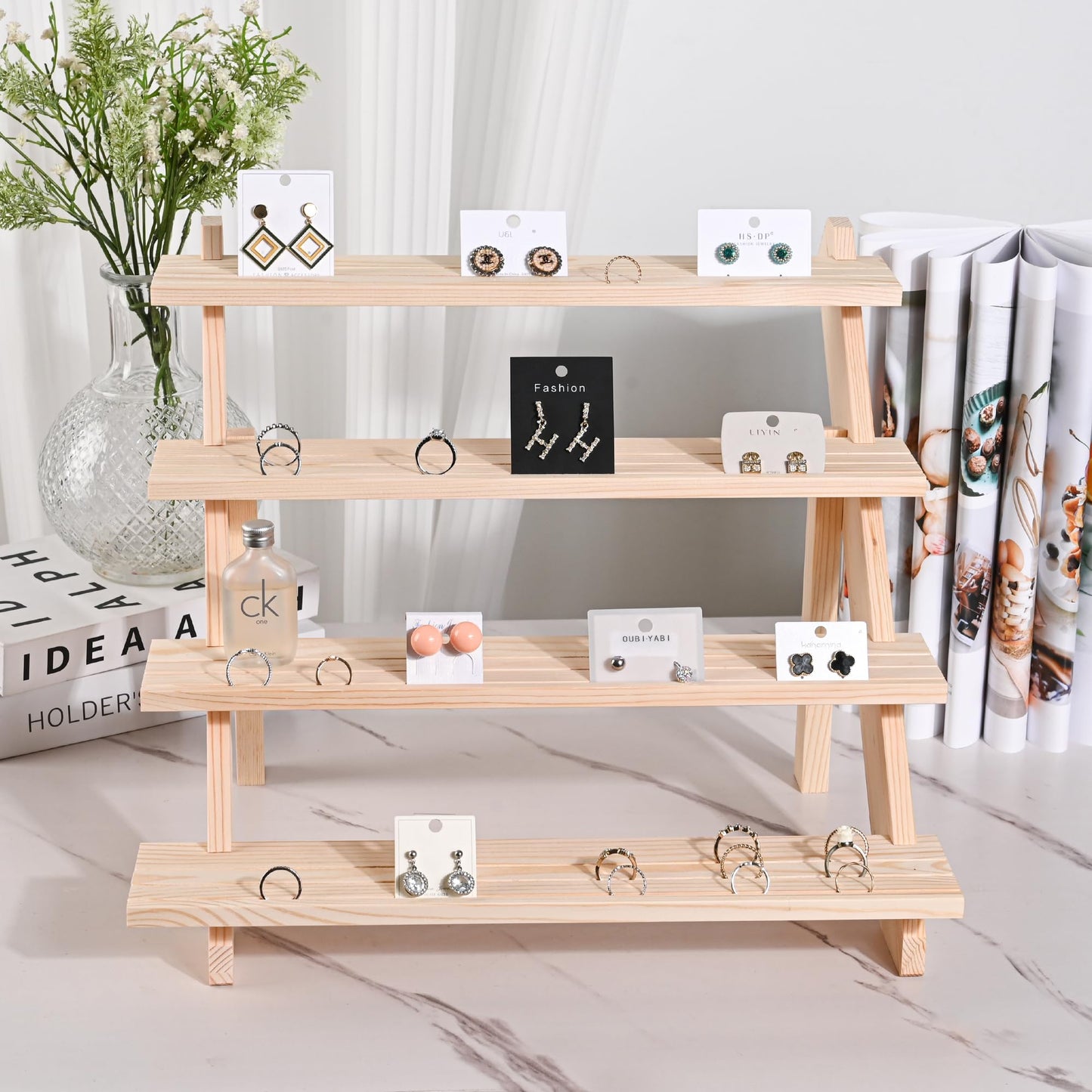 LEXFUNN Wooden Jewellery Display Rack Stand Earring Stall Stand Organizer Shelf 3/4 Tier (4 Tier)