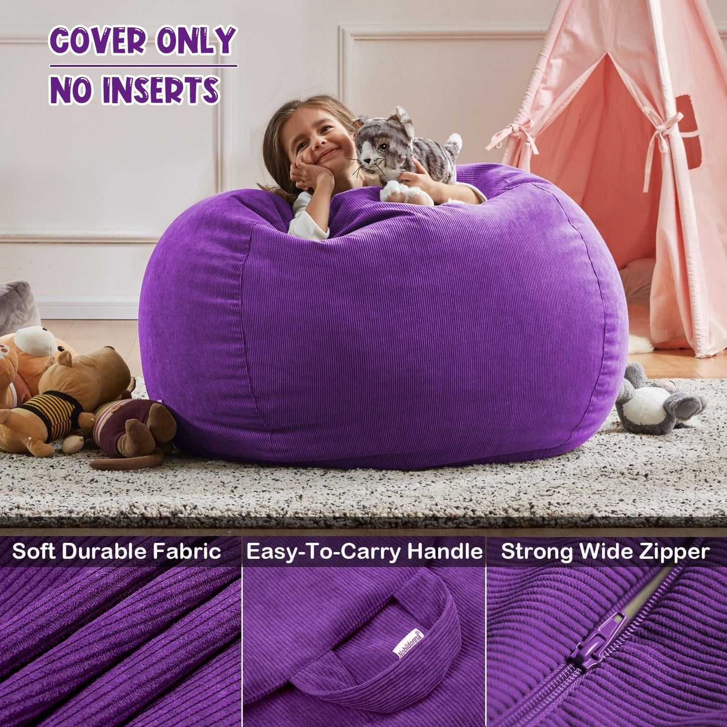 Nobildonna Bean Bag Chair Cover (No Filler) for Kids Beanbag Stuffed Animal Storage Without Filling Plush Toys Holder and Organizer Soft Premium