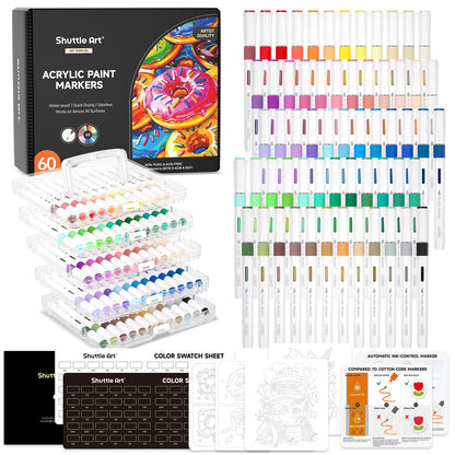 Shuttle Art Automatic Ink Control Acrylic Paint Pens, 60 Colours Brush Tip Paint Marker Pens, Paint Pen for Rock Painting Ceramic, Wood, Fabric,