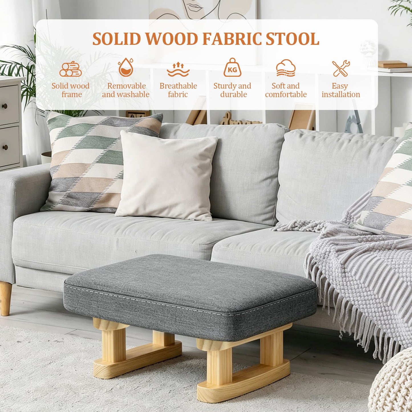 JJoexyfit Multi-Functional Foot Stool with Solid Wood Legs, Linen Fabric