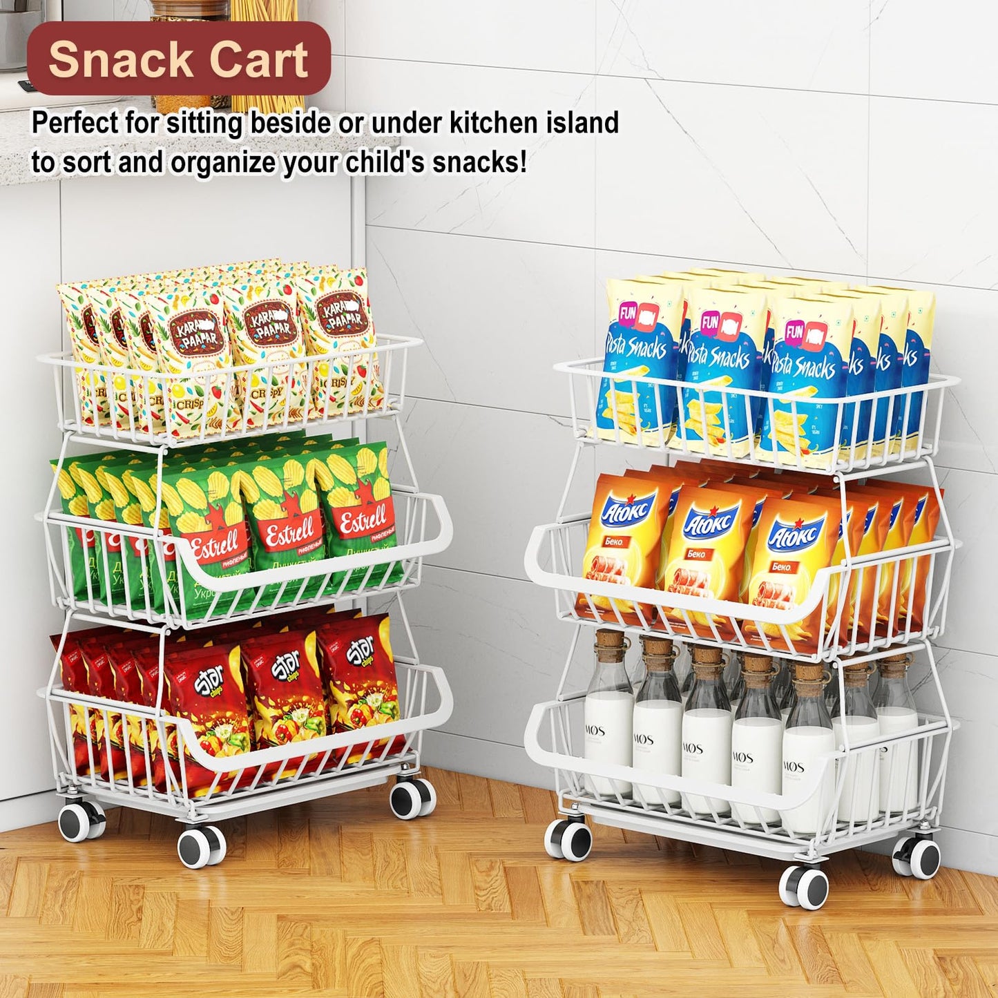 Miyawell 3-Tier Rolling Pantry Cart with Wheels, Stackable Wire Storage Floor Organizer for Kitchen Pantry Snack Shelves, Fruit Basket Stand