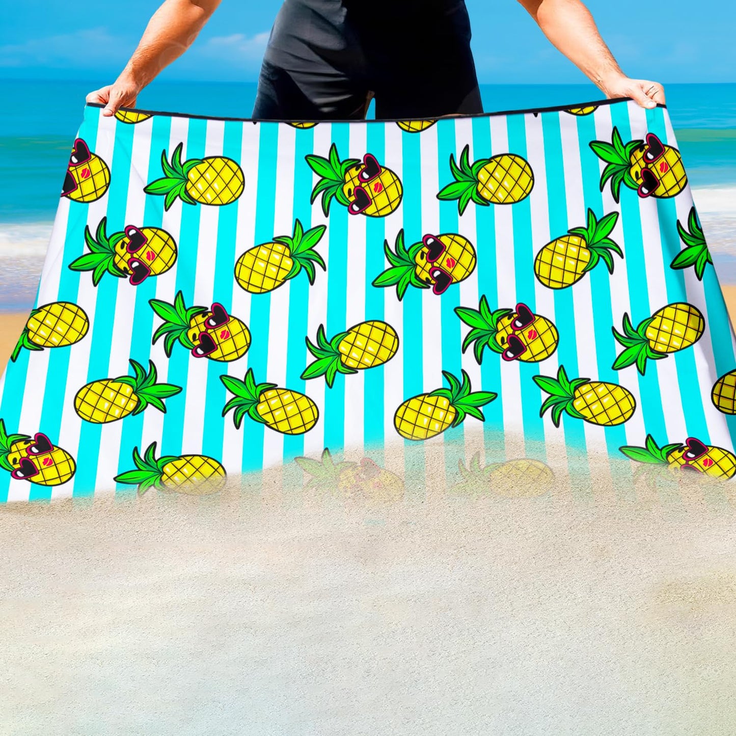 Violetpos Sunglasses Pineapple Stripe Beach Towel, Extra Large 180x90 cm 250GSM Microfibre, Sand Free Quick Dry