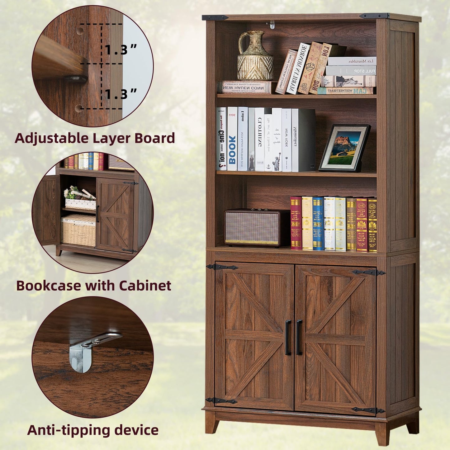 LELELINKY 70in Tall Bookshelf 5 Tier Bookcase with Barn Doors and Adjustable Shelves, Brown Farmhouse Book Shelf with Storage Cabinet