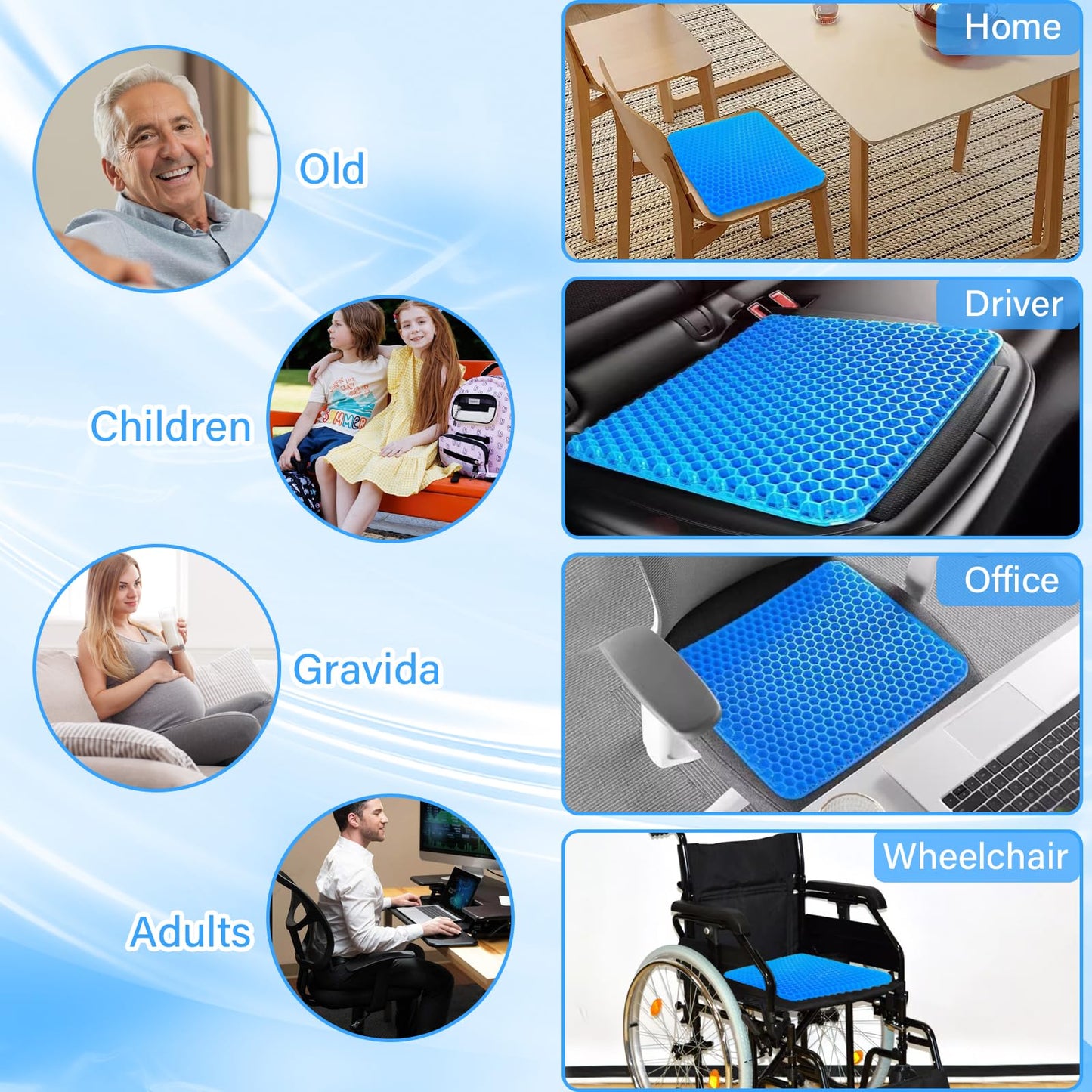 Audasi Gel Seat Cushion, Honeycomb Thick Gel Seat Pad for Bottoms Soft Sitter Cushion Relieving Back Coccyx Pressure Seat Cushions for Car Office