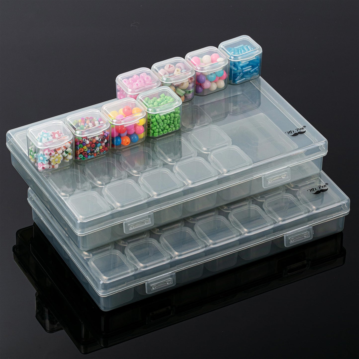 Mr. Pen-Bead Storage Containers, 28 Grids, 2 Pack, Grey, 160pcs Label Stickers, Bead Organizer, Craft Organizers and Storage