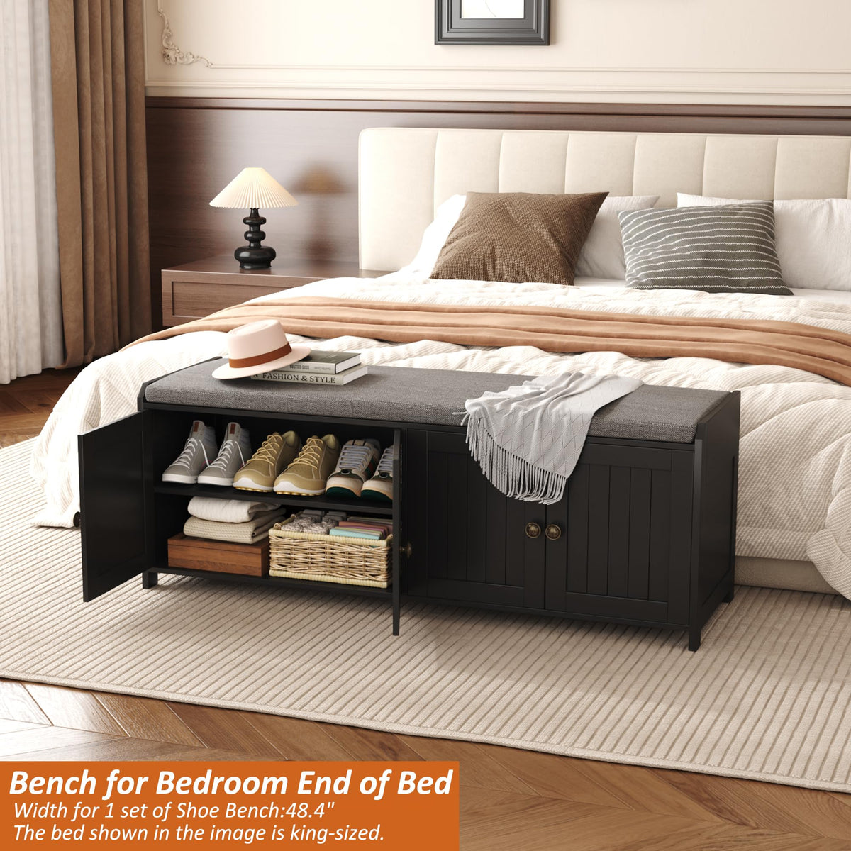 HOME BI Shoe Storage Bench with Cushion, 4 Door Entryway Bench with Padded Seat, 2-Tier Shoe Organizer with Adjustable Shelves