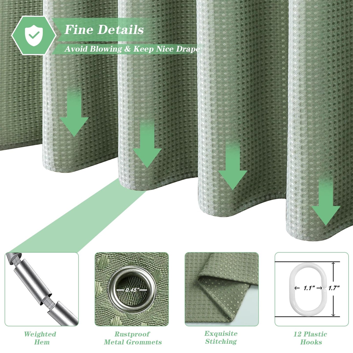 meioro Sage Green Shower Curtain, Mould Proof and Mildew Resistant Waffle Heavy Textured Fabric Shower Curtains with 12 Hooks