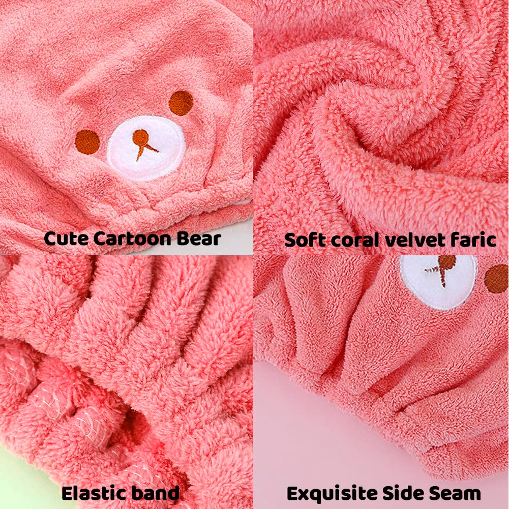 SwirlColor Hair Towel Wrap Hat for Kids, 2 Pcs Cute Cartoon Bear Microfibre Hair Towel Wrap Super Absorbent Quick Drying Turban Cap Pink and Camel