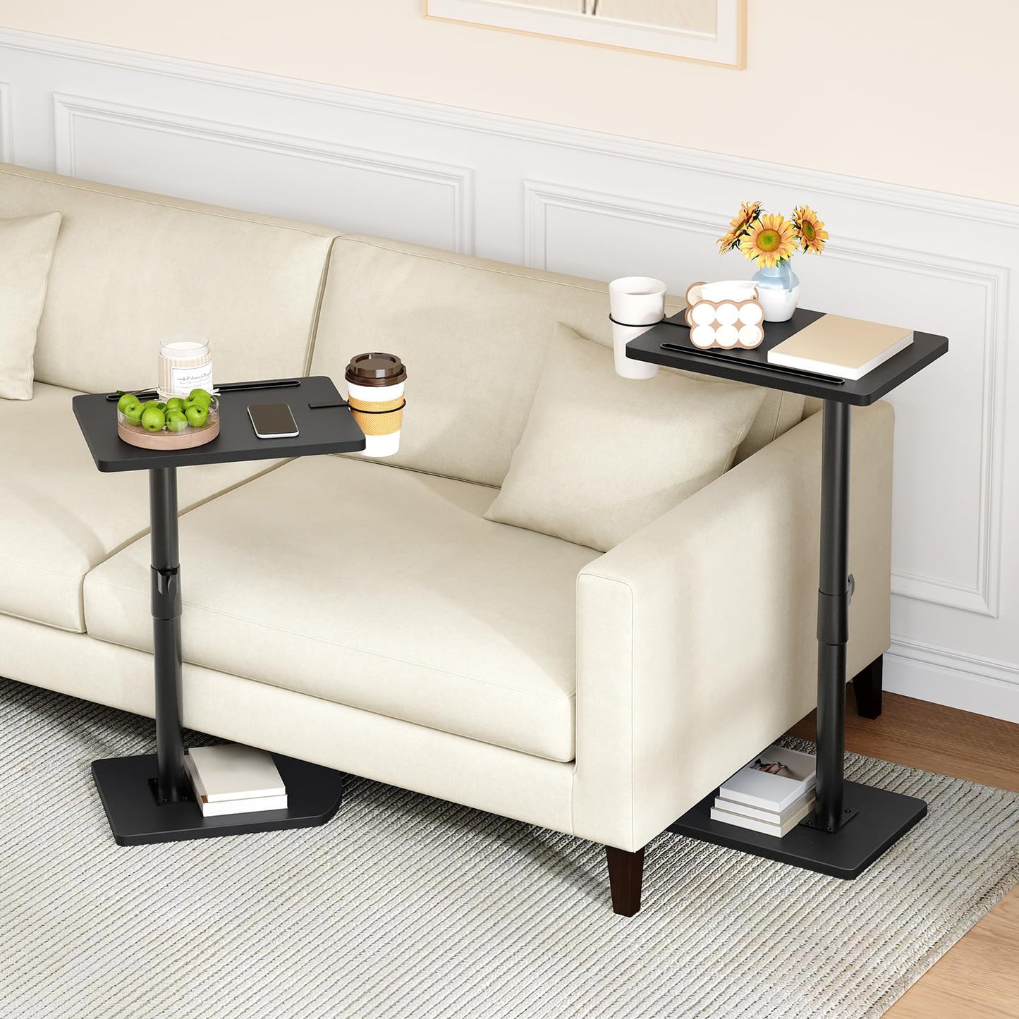 HOOBRO C Shaped Side Table, Height Adjustable Bedside Table, 360° Rotating Sofa Table Laptop Tables with Detachable Cup Holder and Tablet Slot