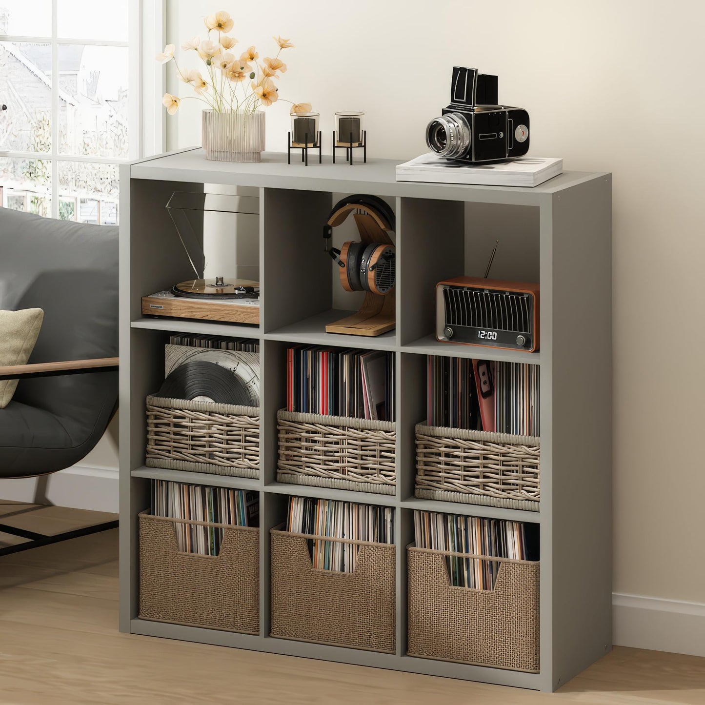 Furinno CUBICLE Record Player Stand with Vinyl Storage, 9-Cube 1.2 Extra Thick Vinyl Record Storage
