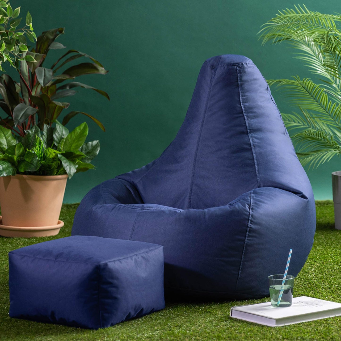 Bean Bag Bazaar Outdoor Bean Bag & Footstool with Filling Included, Blue