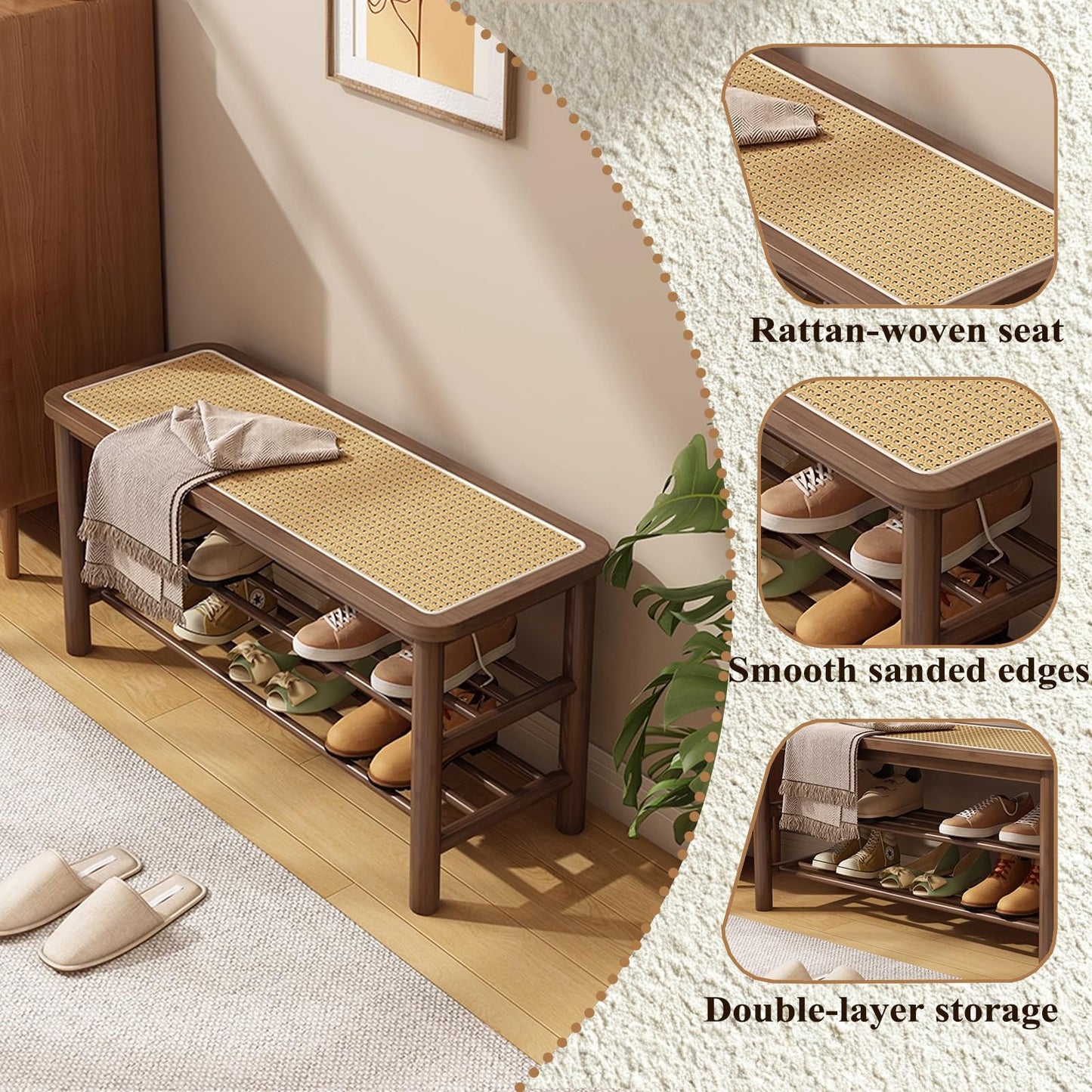 SOBIBO Bamboo Shoe Rack Bench with Rattan Seat, 3-Tier Shoe Storage Bench, Entryway Bench for Hallway Walnut-23.62 inches