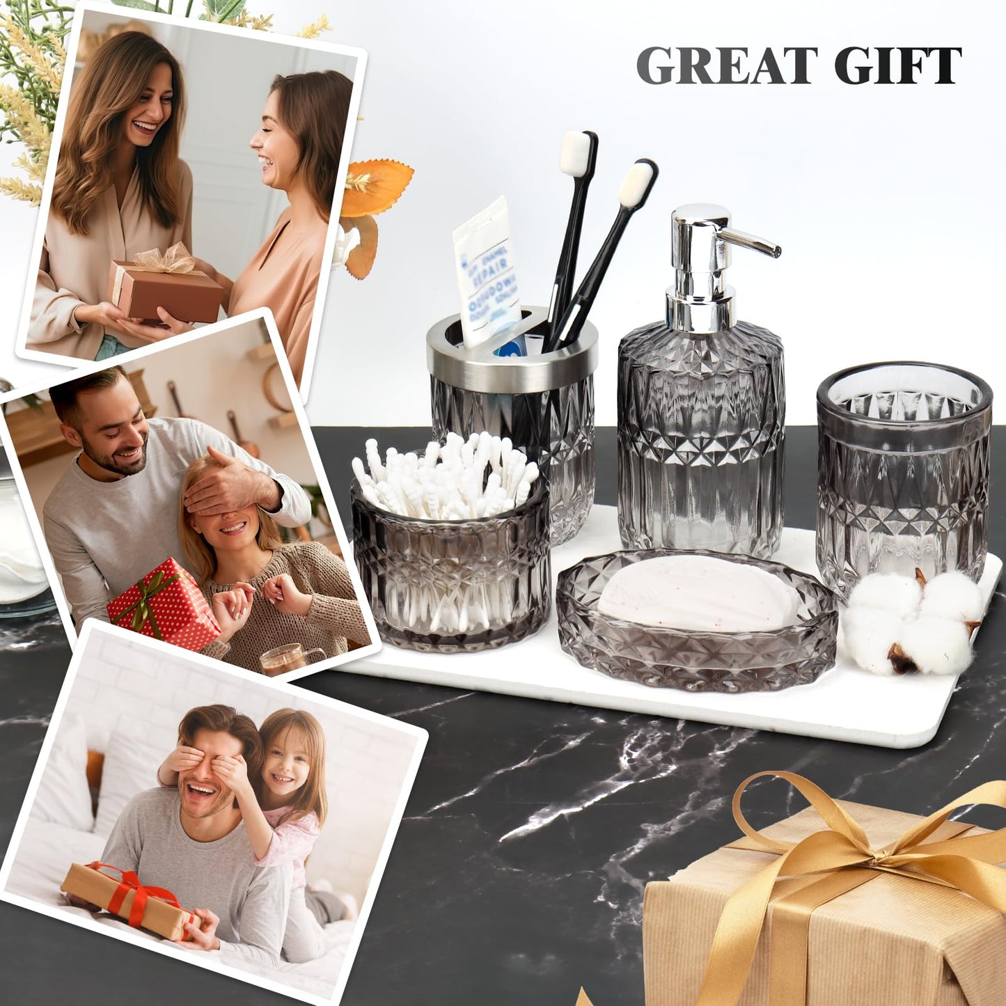 Glass Bathroom Accessories Set - 5Pc Toothbrush Holder Set with Tumbler, Soap Dish & Cotton Swab Jar