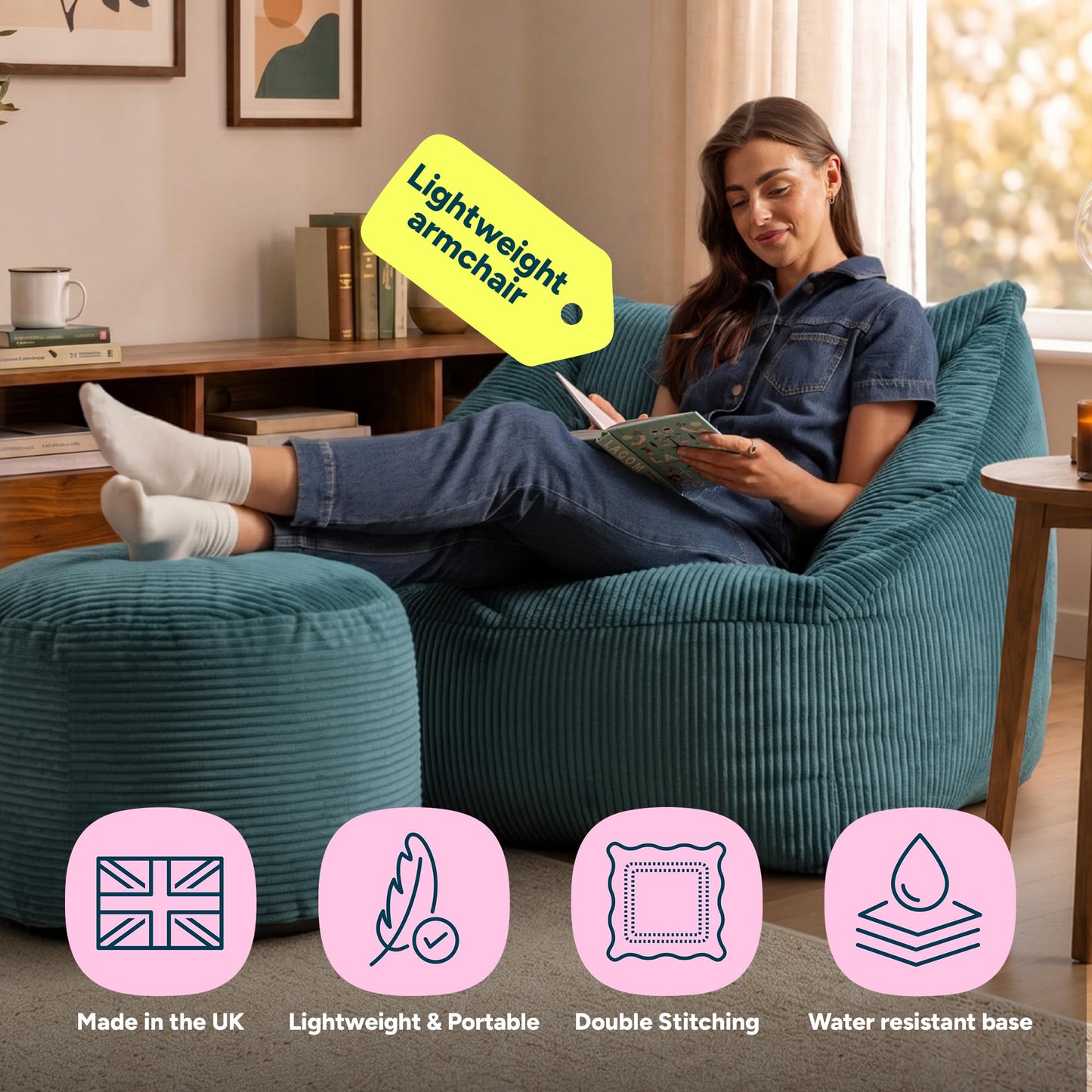 icon Natalia Cord Bean Bag Chair & Footstool with Filling Included, Teal