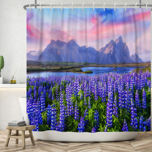 ASDCXZ Landscape Shower Curtain 180x200 cm, Graceful Natural Landscape Purple Lavender Flower Sea Mountains Washable Shower Curtains Polyester Textile