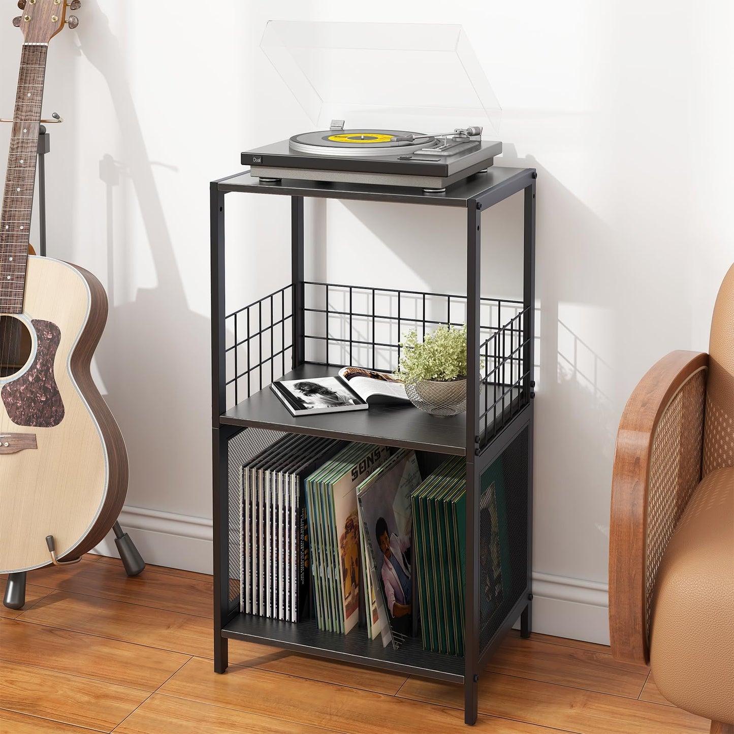 Huhote 3-Tier Vinyl Record Storage, Side Table, Record Player Stand with Storage for Up to 100 Albums, Turntable Cabinet for Living Room