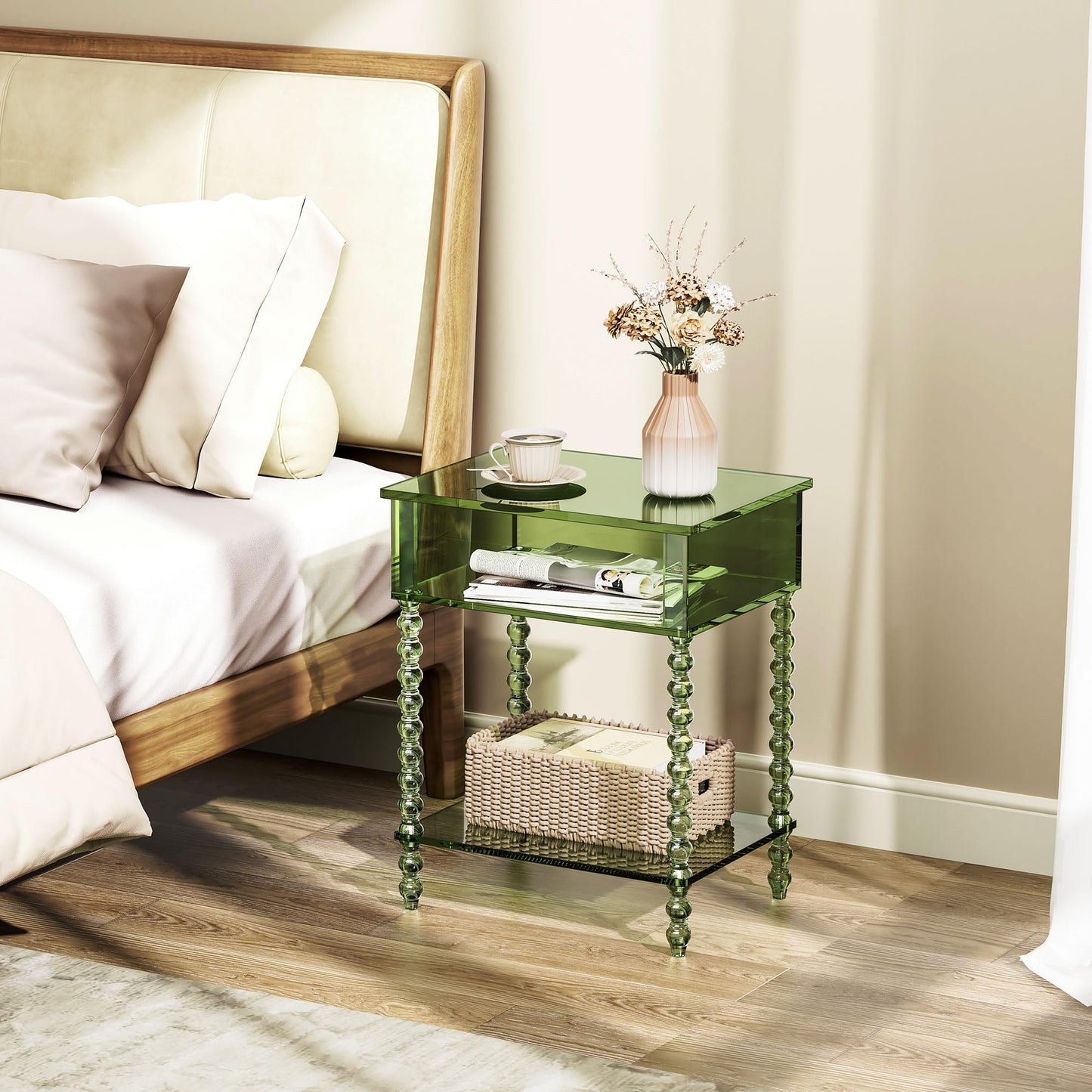 Dewrhiixe Acrylic Side Table, Clear 3-Tier End Table with Storage, Nightstand for Living Room, Bedroom, Office (Green, 40x30x50 cm)