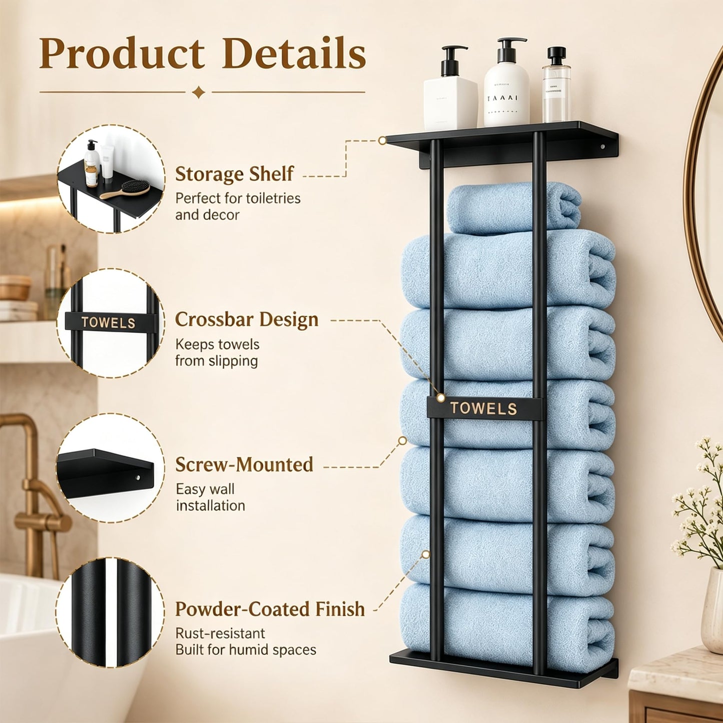 Black Towel Rack Wall Mounted with Shelf, Metal Bathroom Towel Holder
