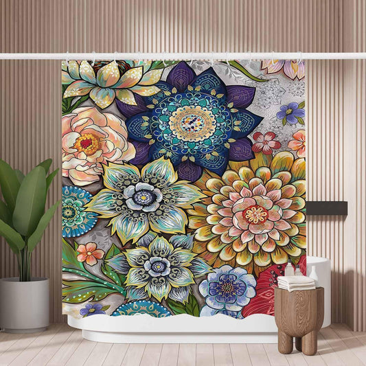 Woutay Shower Curtain Mould Proof Resistant Colorful Flowers,Water Repellant Fabric,Polyester,with 12 Plastic Hooks